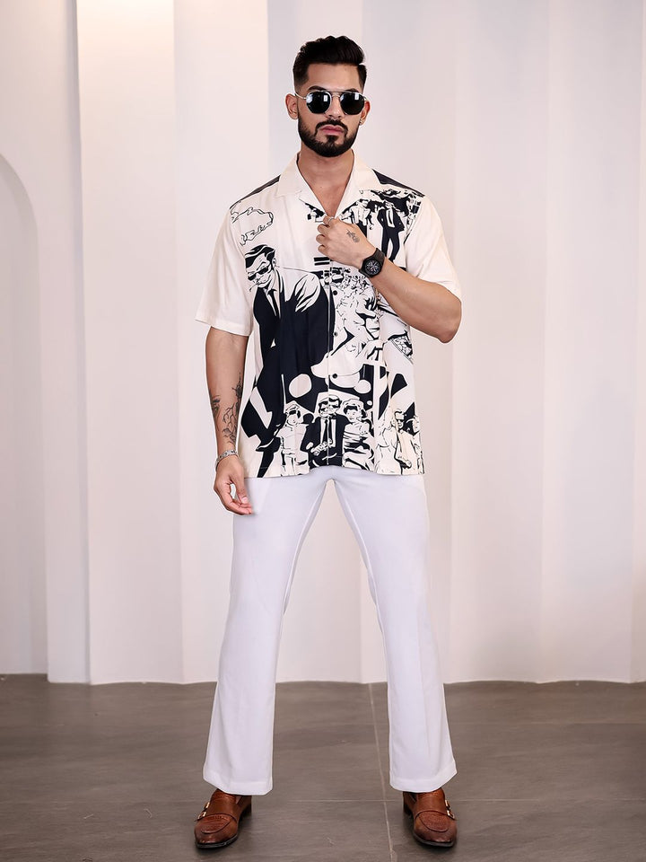 Eszett Graphic Printed Spread Collar Casual Cotton Shirt