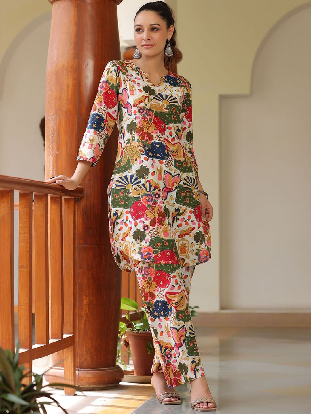 Rain & Rainbow Printed Pure Cotton Round Neck Tunic With Trousers