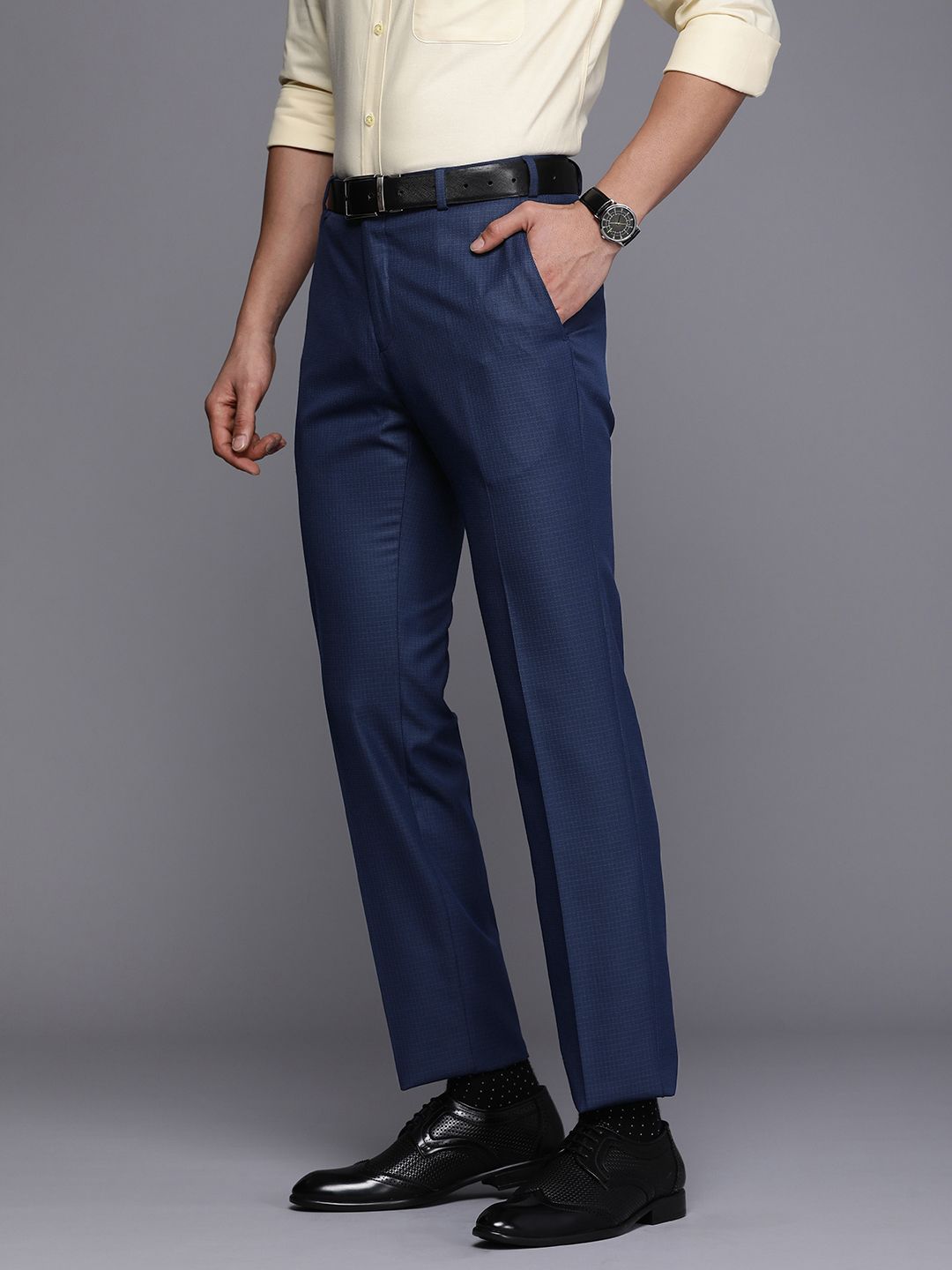 Raymond Men Textured Micro Checked Flat-Front Slim Fit Formal Trousers