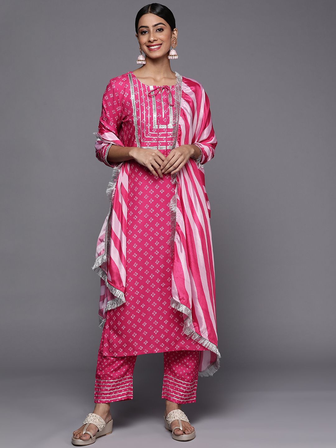 Varanga Women Pink Bandhani Printed Kurta with Trousers & With Dupatta
