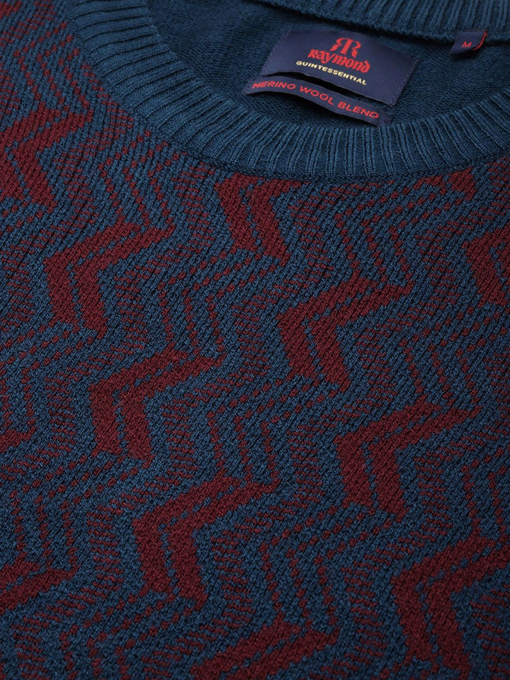 Raymond Men Teal Blue & Burgundy Chevron Printed Pullover