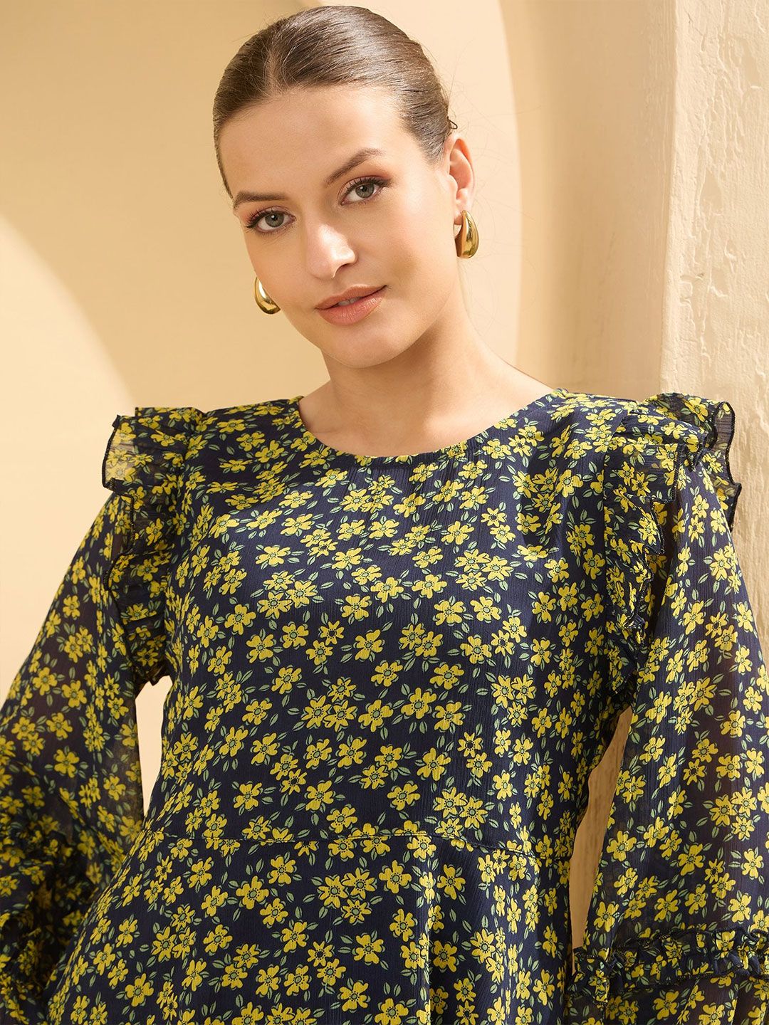 Antheaa Women Floral Print Flutter Sleeve Chiffon Top