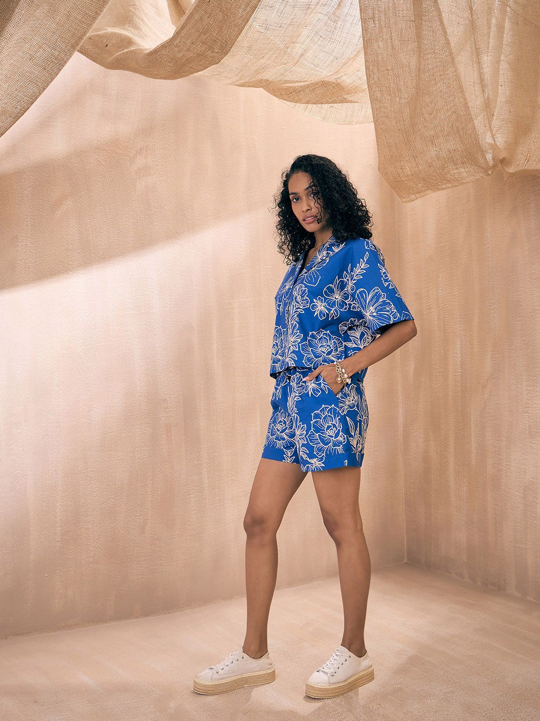 Pink Paprika by SASSAFRAS Blue Floral Printed Pure Cotton Shirt With Shorts Co-Ords