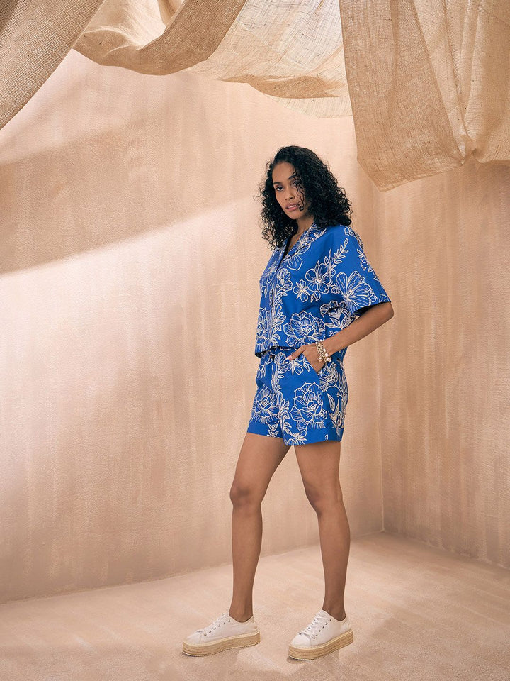 Pink Paprika by SASSAFRAS Blue Floral Printed Pure Cotton Shirt With Shorts Co-Ords