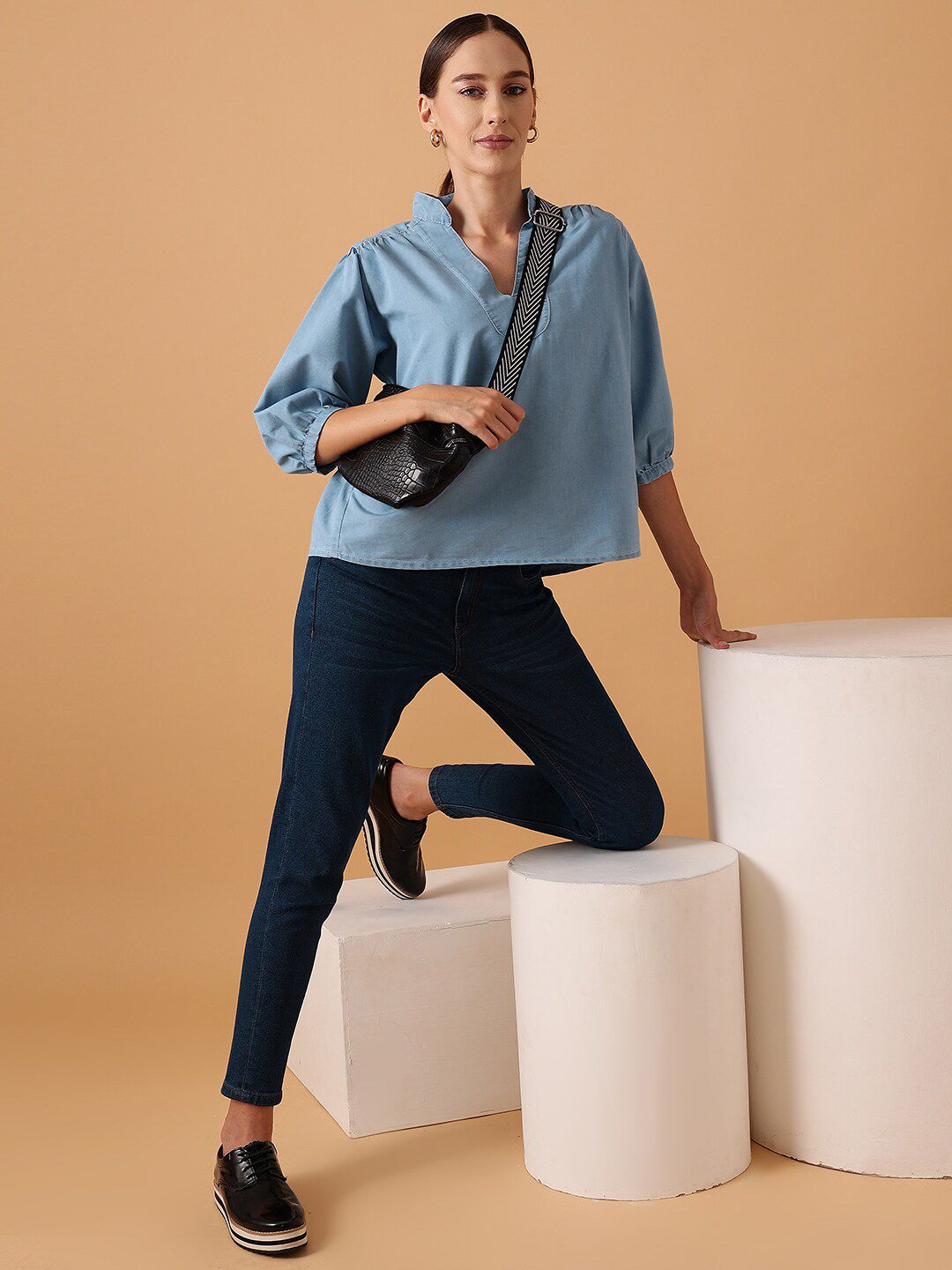 STREET 9 Mandarin Collar Pure Cotton Denim Regular Top