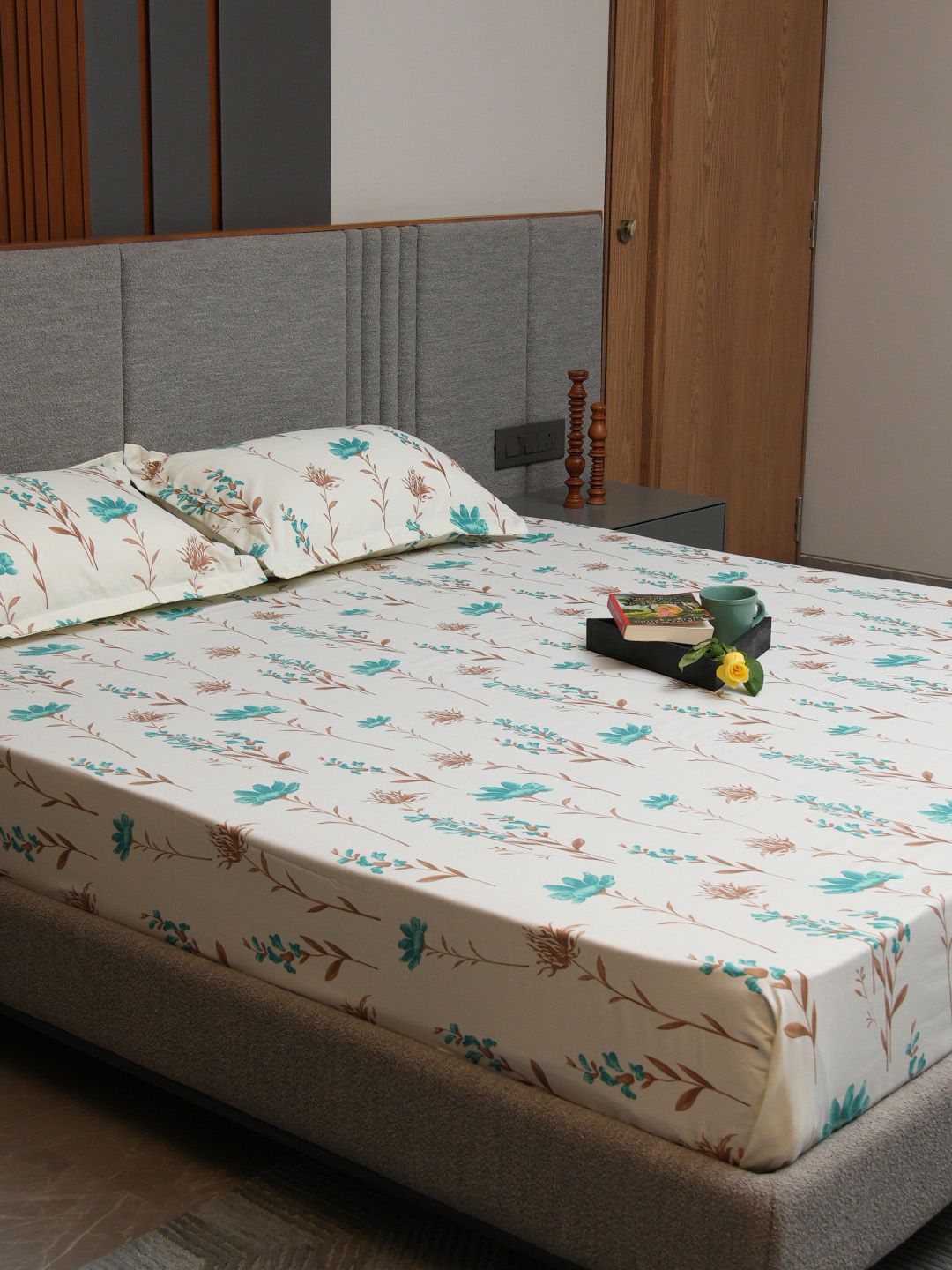 URBAN SPACE Turquoise Blue Printed 200 TC Cotton Single Bedsheet with 1 Pillow Cover
