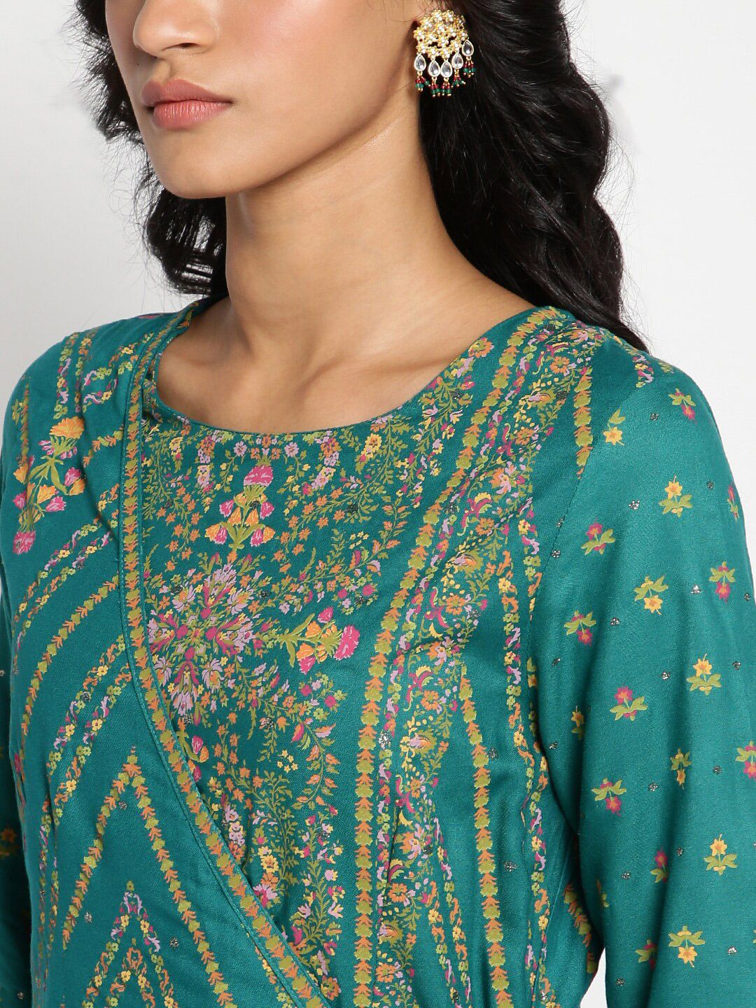 W Teal & Pink Printed Basic Jumpsuit with Layered