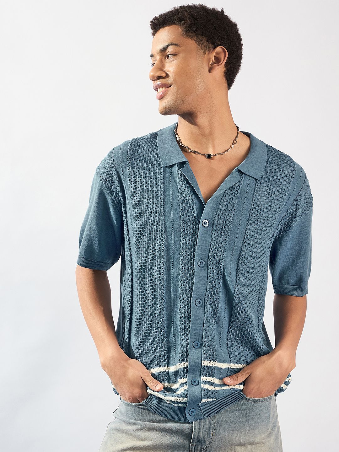 DENNISON Textured Polo Collar Front Open T-Shirt
