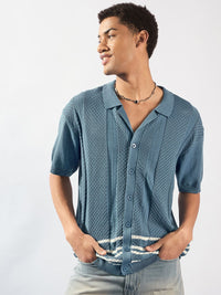 DENNISON Textured Polo Collar Front Open T-Shirt