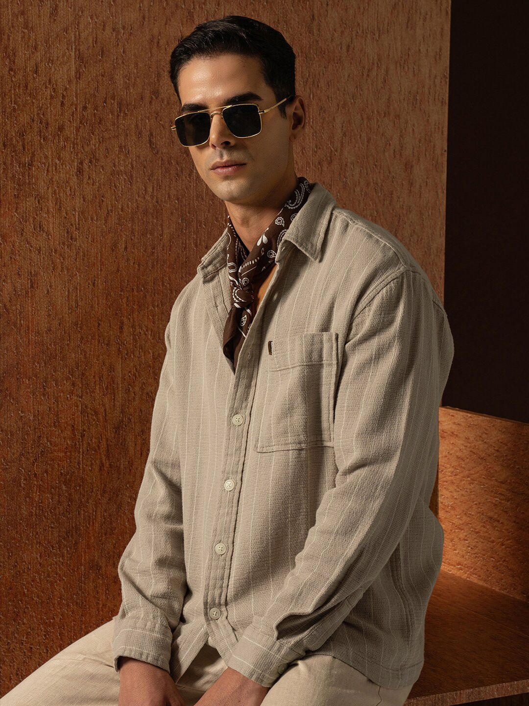LOCOMOTIVE Oversized Dobby Textured Striped Overshirt