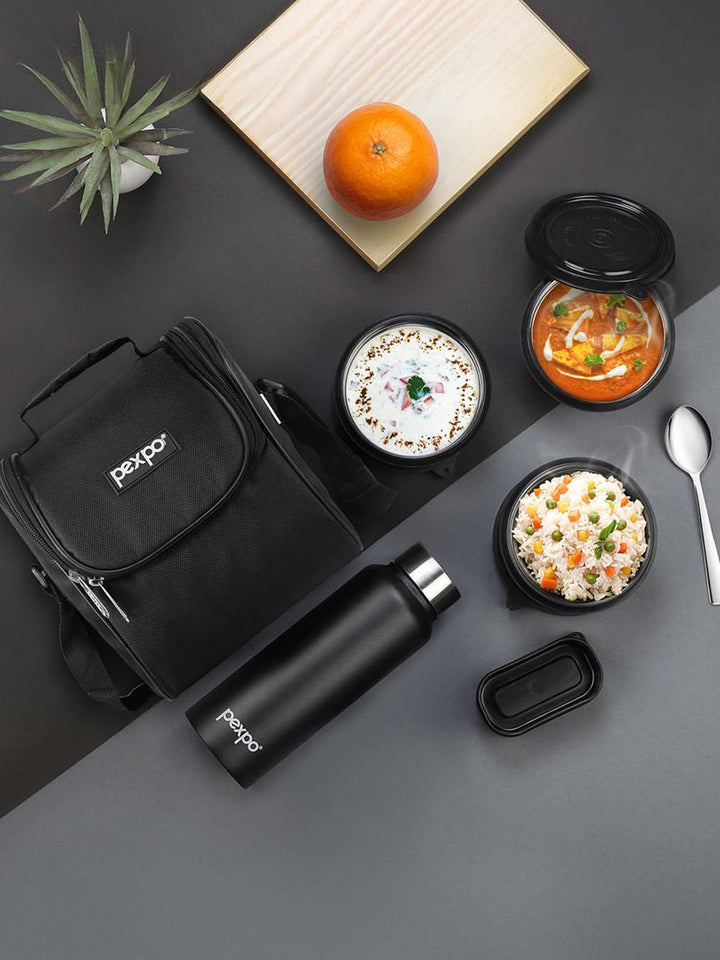 Pexpo hitam 5 keping keluli tahan karat microwave selamat kotak makan tengah hari 2.15 ml