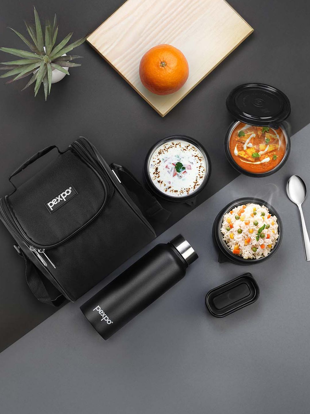 Pexpo hitam 5 keping keluli tahan karat microwave selamat kotak makan tengah hari 2.15 ml