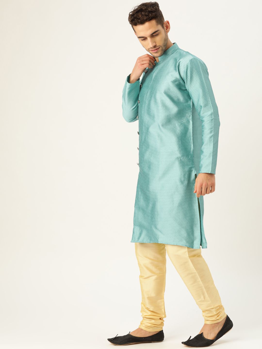 SOJANYA Men Sea Green Woven Design Straight Angrakha Kurta
