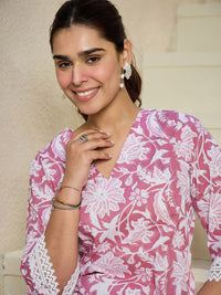 Indo Era Floral Printed V Neck Pure Cotton A-Line Kurta with Trousers