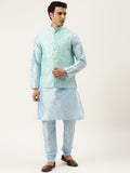 SOJANYA Men Turquoise Blue Thread Work Kurta with Churidar & Nehru Jacket