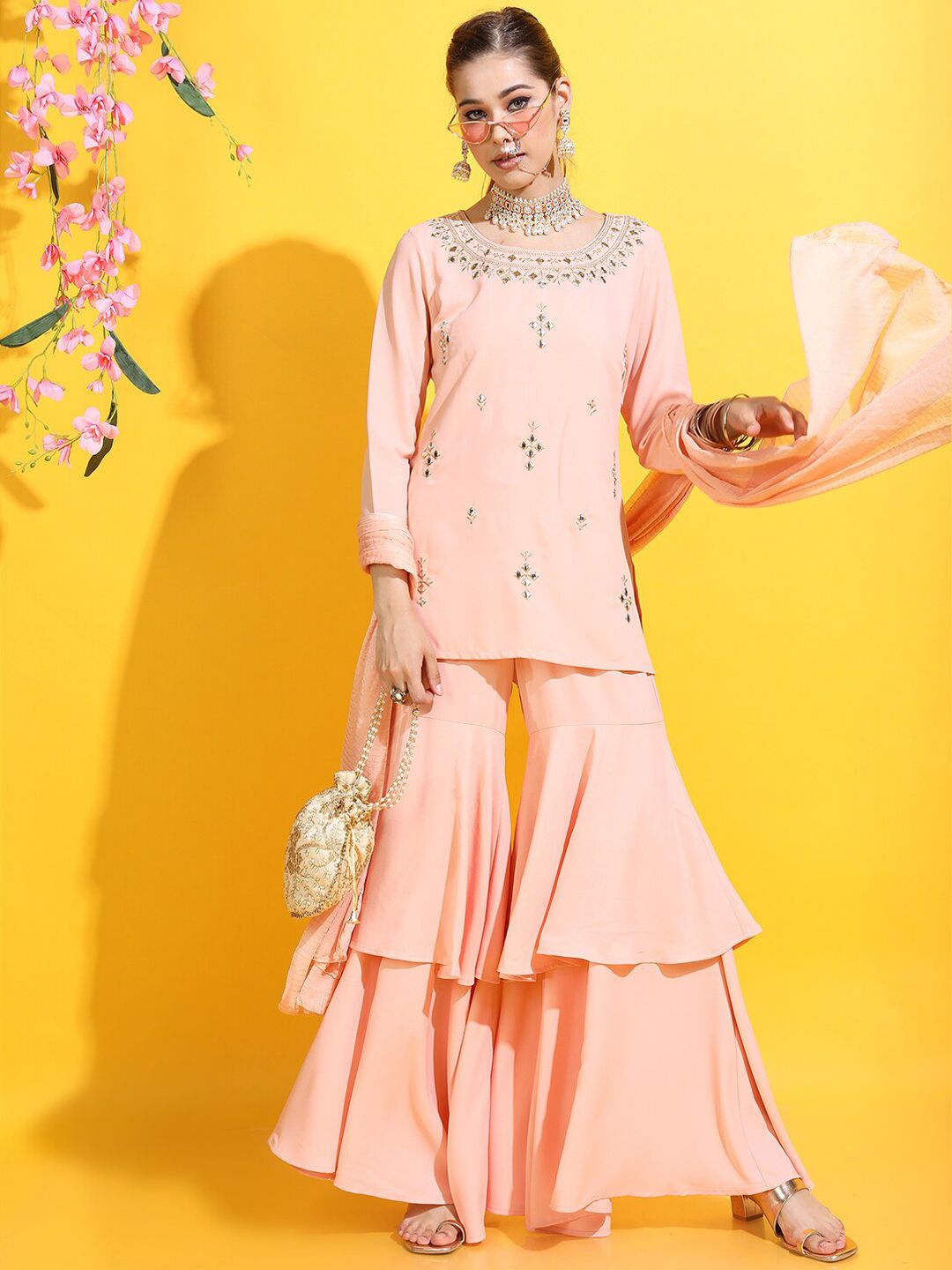Vishudh Women Peach-Coloured Floral Embroidered Mirror Work Kurti with Sharara & With Dupatta