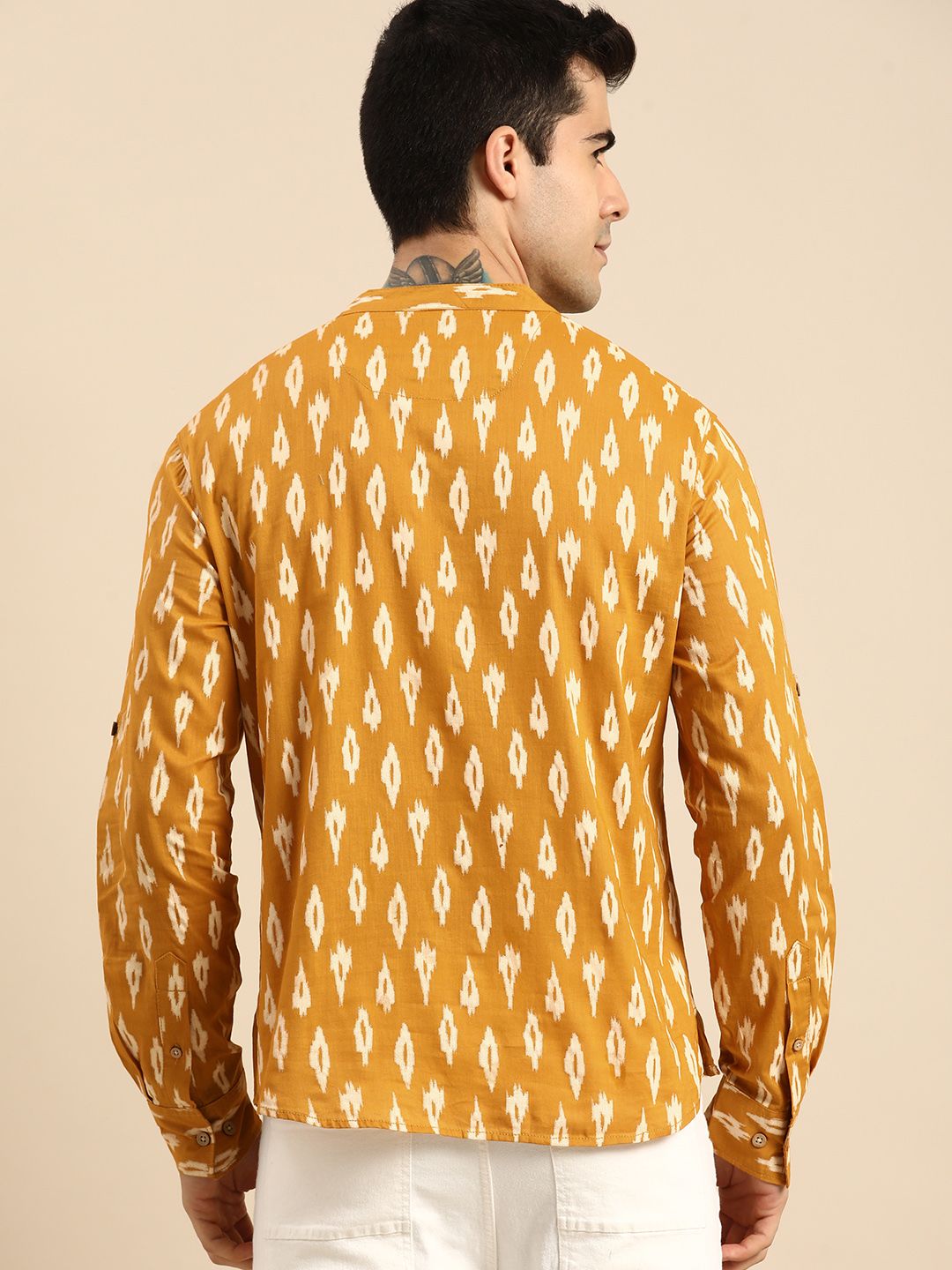 Anouk Men Mustard Yellow & White Printed Roll-Up Sleeves Pure Cotton Short Kurta