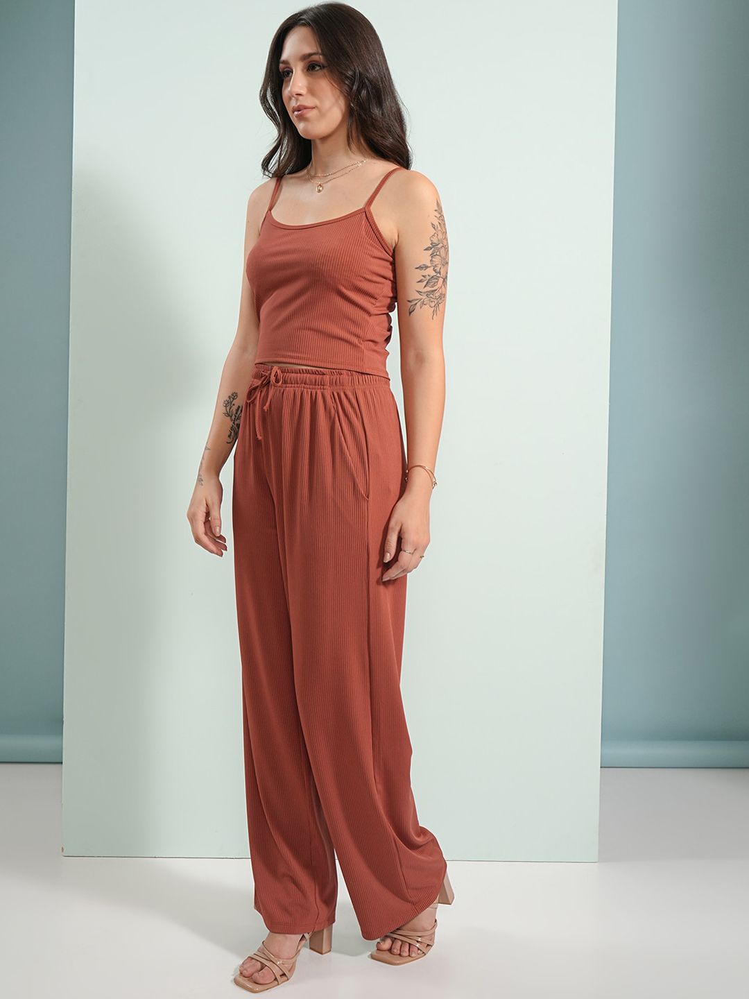 Tokyo Talkies Rust Shoulder Straps Camitop With Cardigan And Trouser