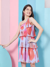 pspeaches Girls Abstract Printed One Shoulder Georgette A-Line Dress