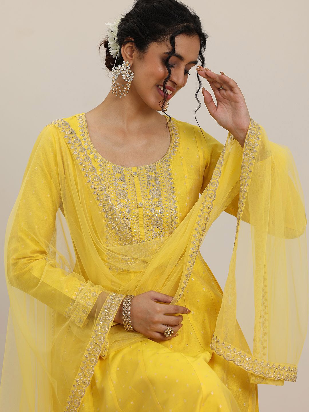 Libas Embroidered Panelled Chanderi Silk A-Line Kurta with Trouser & Dupatta