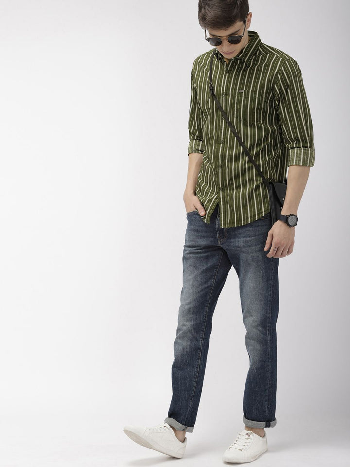 The Indian Garage Co Men Olive Green & White Slim Fit Striped Casual Shirt