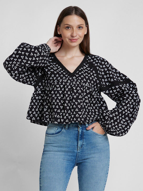 SPYKAR Geometric Printed V-Neck Puff Sleeves Pure Cotton Regular Top
