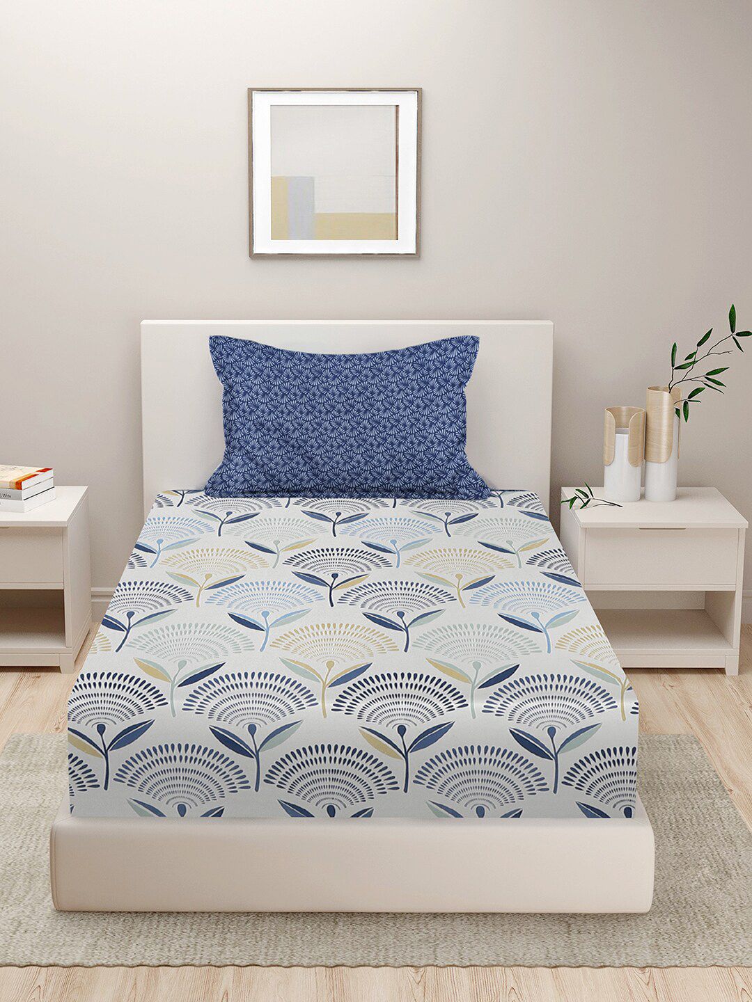 HOSTA HOMES White & Blue Geometric 210 TC Cotton Single Bedsheet with 1 Pillow Cover