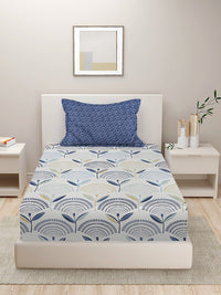 HOSTA HOMES White & Blue Geometric 210 TC Cotton Single Bedsheet with 1 Pillow Cover