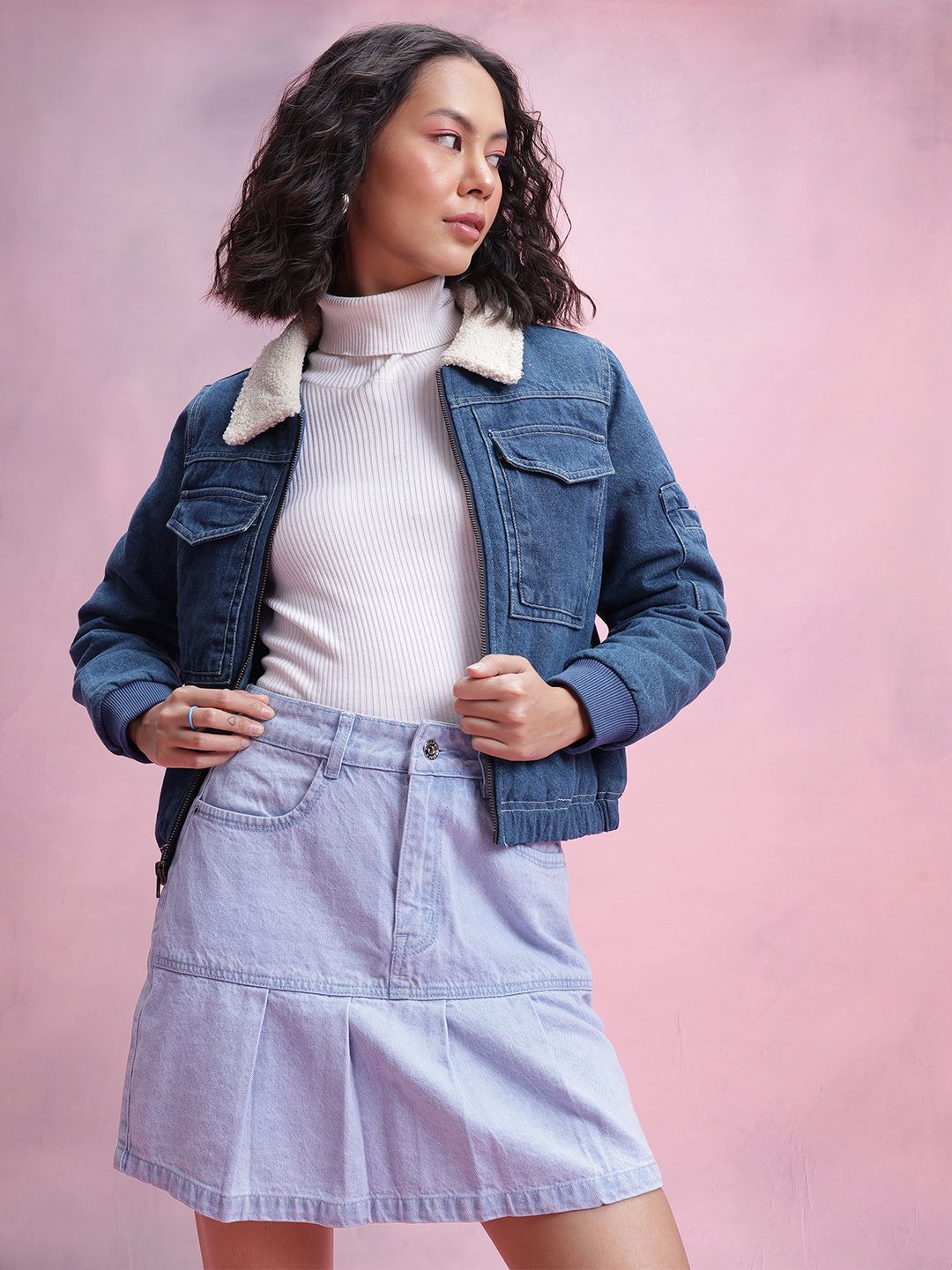 DressBerry Women Sherpa Trim Pure Cotton Denim Jacket
