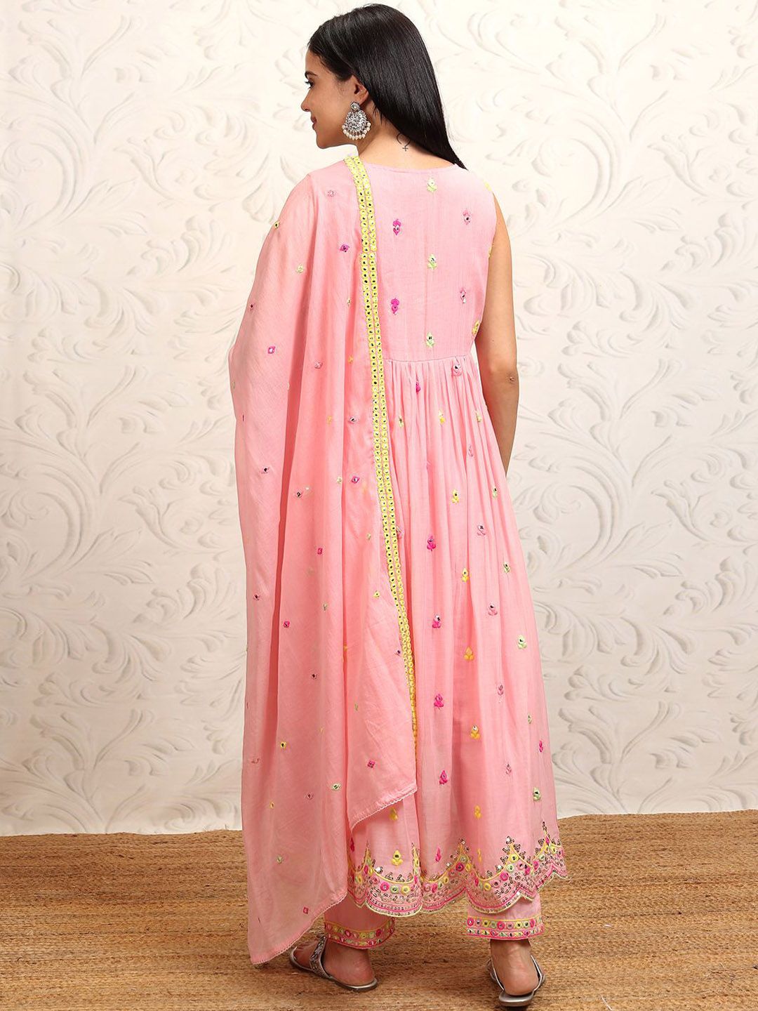 Vishudh Pink Embroidered Thread Work Pure Cotton Anarkali Kurta With Trousers & Dupatta