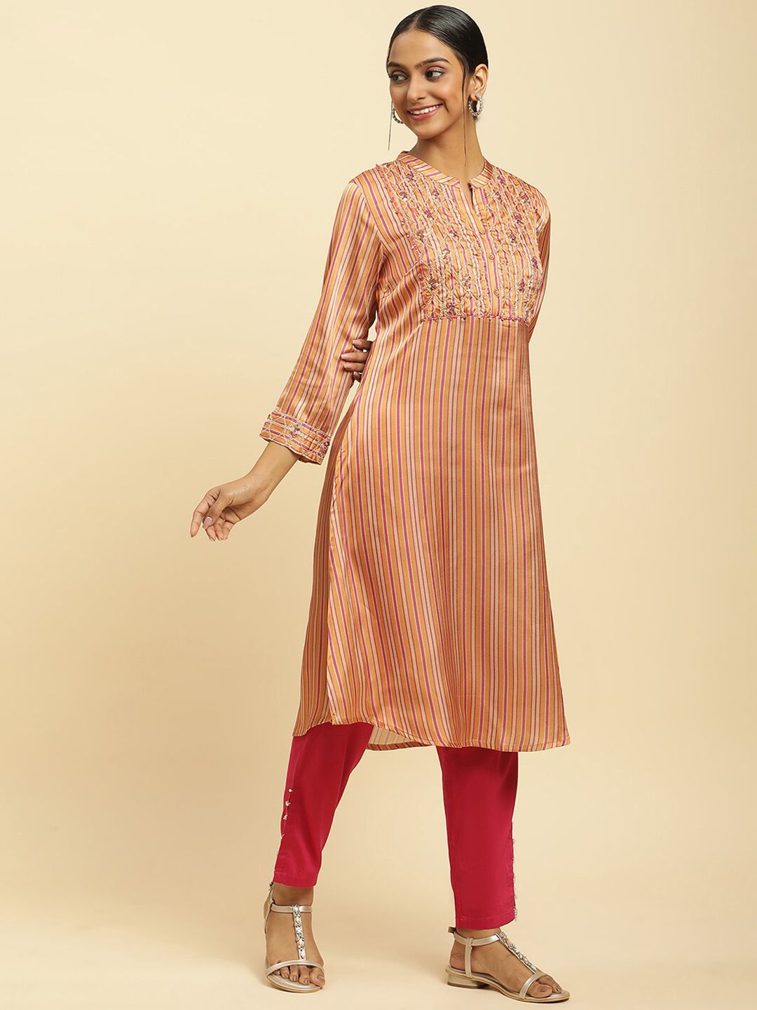 W Striped Sequinned Straight Kurta