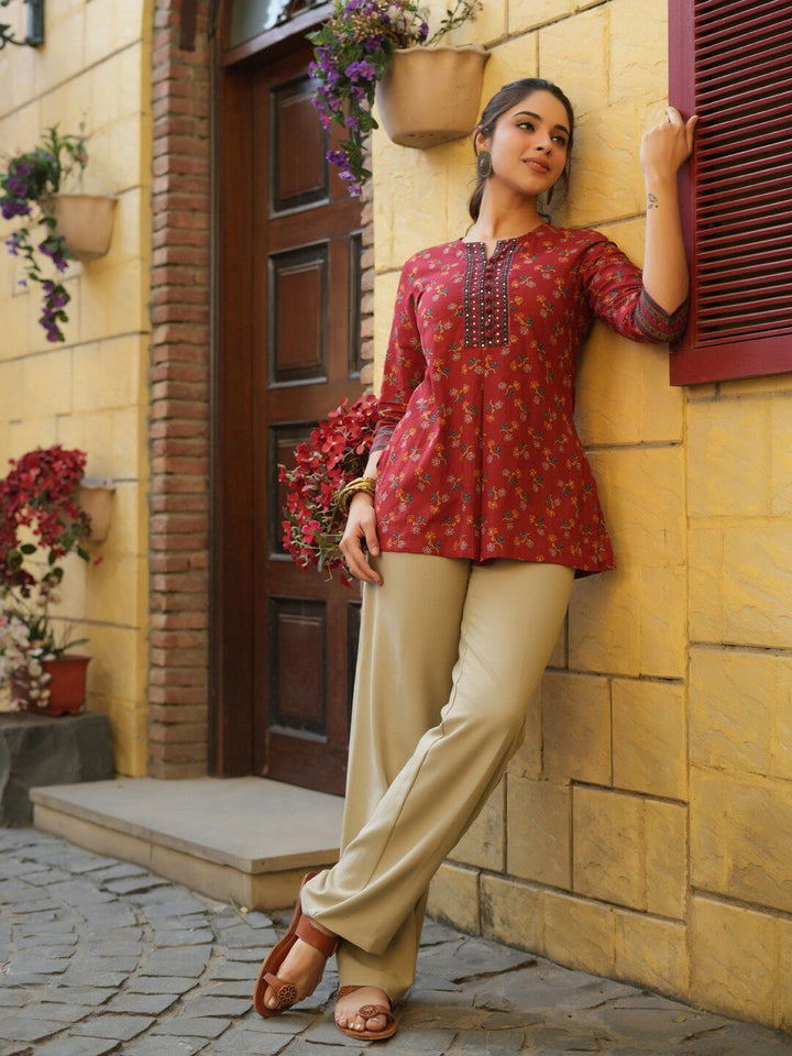 Rain & Rainbow Floral Printed Sequinned Pure Cotton Kurti