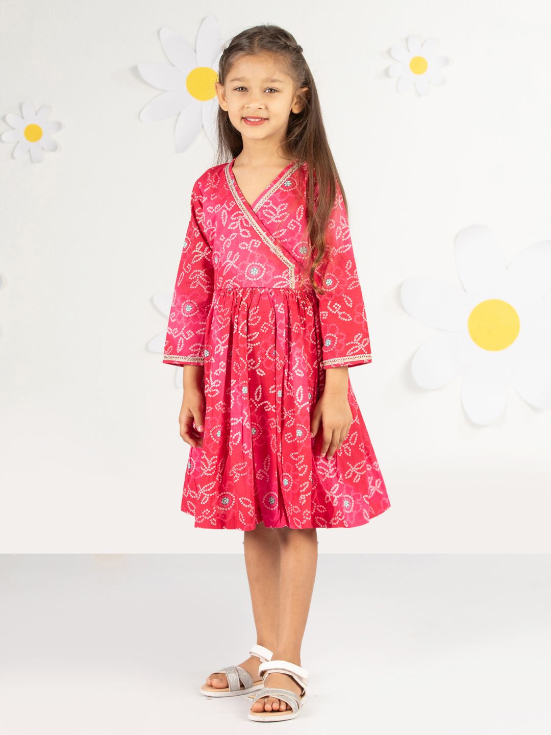 VASTRAMAY Girls Bandhani Printed Gotta Patti Cotton Fit & Flare Dress