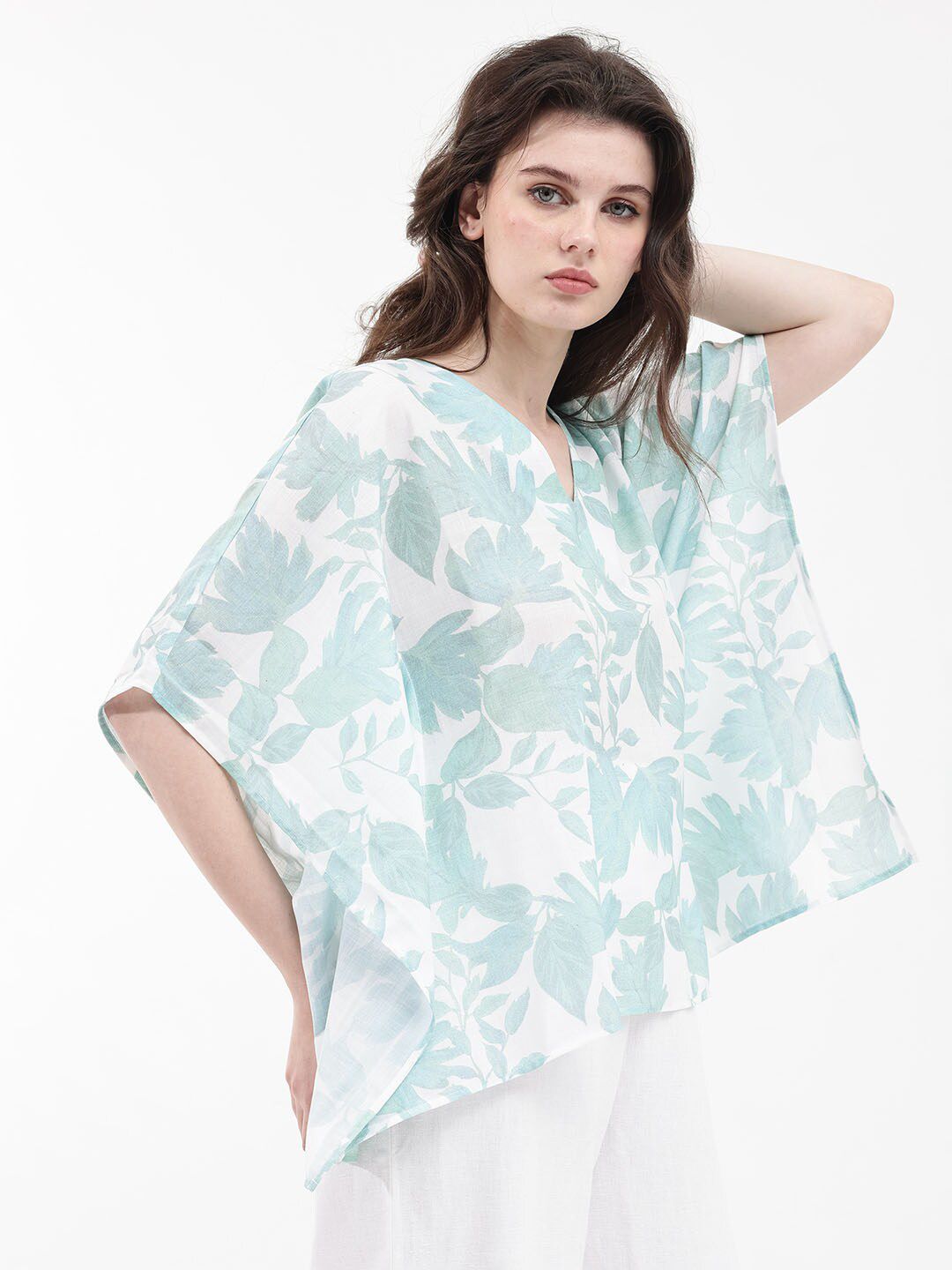 RAREISM Floral Print Flared Sleeve Linen Kaftan Top