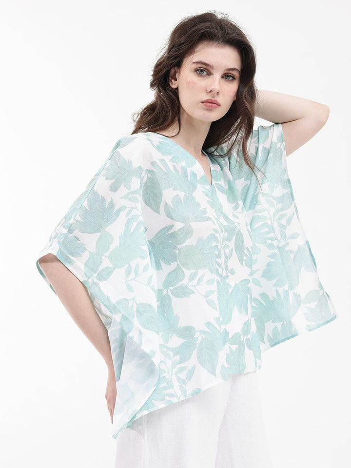 RAREISM Floral Print Flared Sleeve Linen Kaftan Top