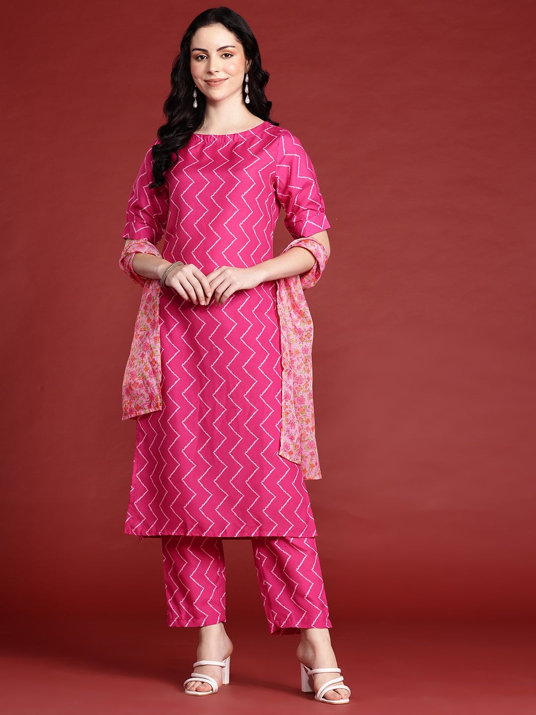 Anouk Geometric Printed Regular Kurta With Trousers & With Dupatta