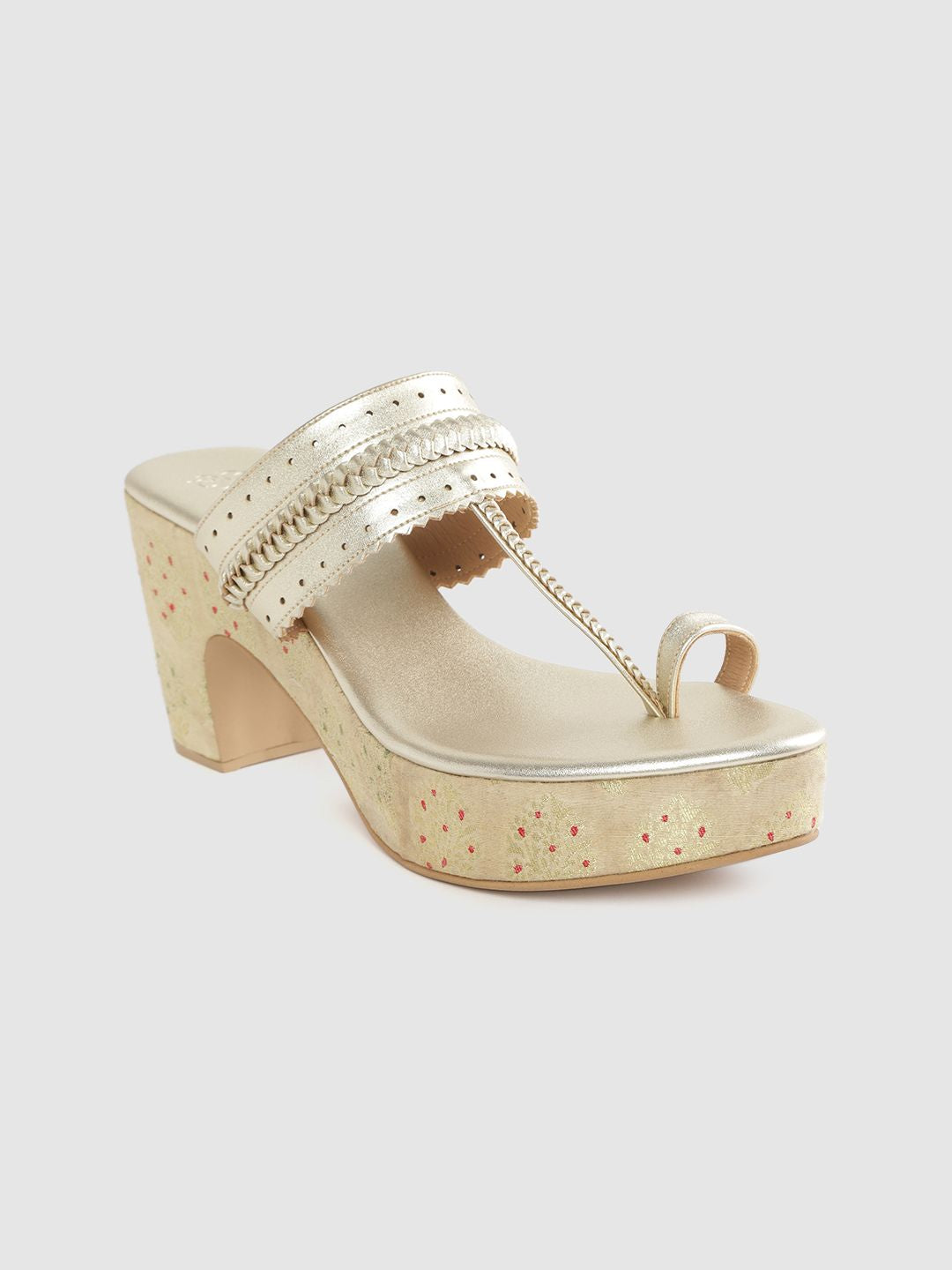 House of Pataudi Women Gold-Toned Braided Detail Handcrafted One-Toe Block Heels