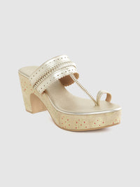 House of Pataudi Women Gold-Toned Braided Detail Handcrafted One-Toe Block Heels