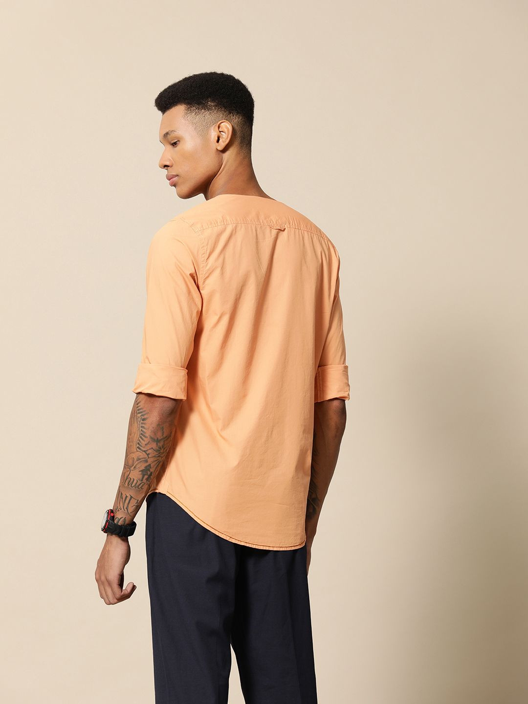 Mr Bowerbird Solid Tailored Fit Pure Cotton Compact Poplin Crew Neck Shirt