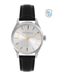 French Connection Men Silver-Toned Dial & Black Leather Straps Analogue Watch FCP31L