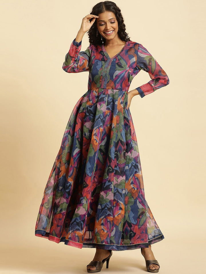 W Navy Blue Floral Printed Fit & Flare Ethnic Dress