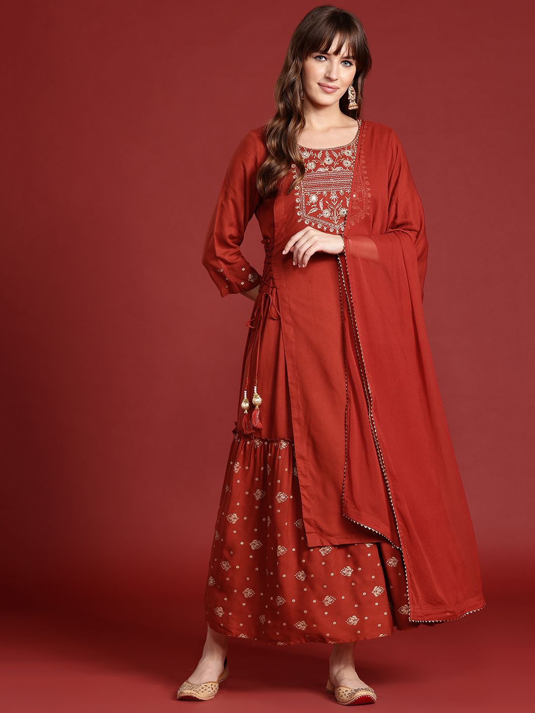 Anouk Ethnic Printed Yoke Embroidered Layered Kurta with Dupatta