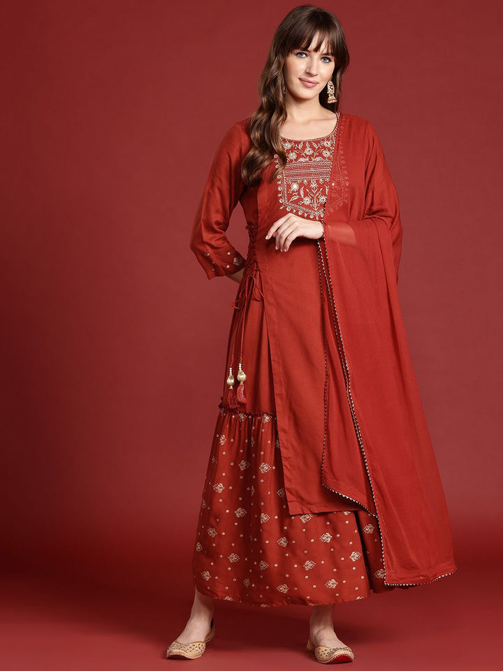 Anouk Ethnic Printed Yoke Embroidered Layered Kurta with Dupatta