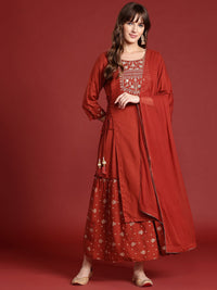 Anouk Ethnic Printed Yoke Embroidered Layered Kurta with Dupatta