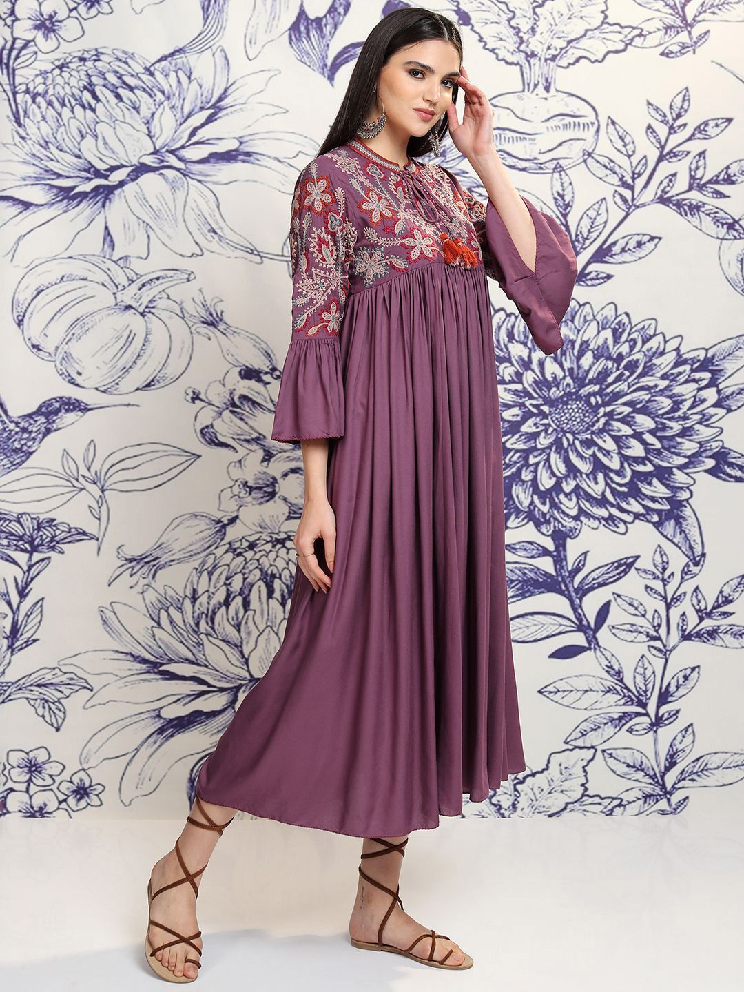 Vishudh Women Embroidered Tie-Up Neck Flared Sleeves Gathered Empire Midi Ethnic Dress