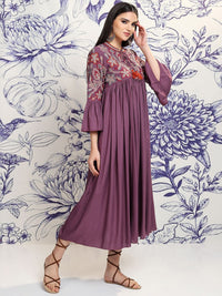 Vishudh Women Embroidered Tie-Up Neck Flared Sleeves Gathered Empire Midi Ethnic Dress