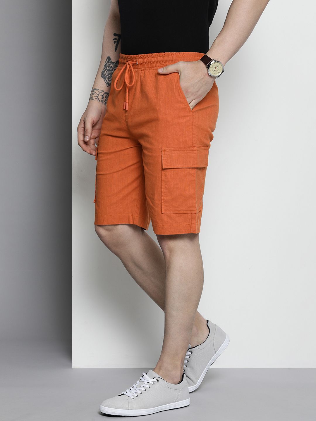 The Indian Garage Co Men Linen Cotton Slim Fit Cargo Shorts