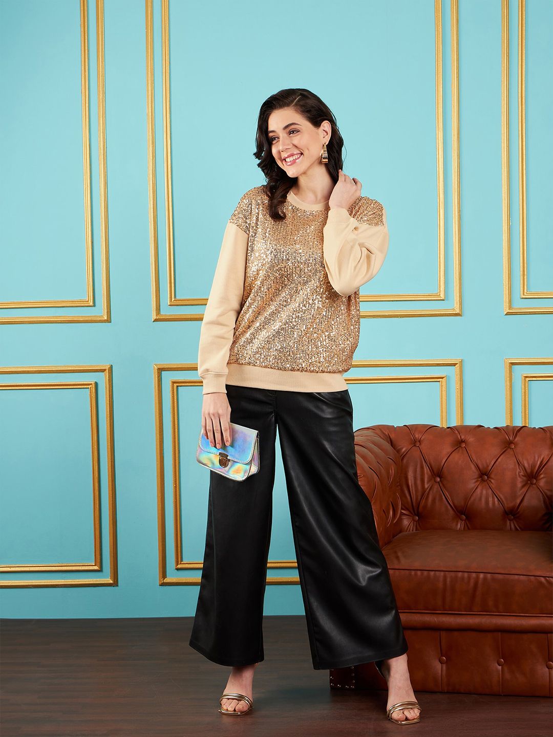 SASSAFRAS Self Design Sequined Oversized Sweatshirt
