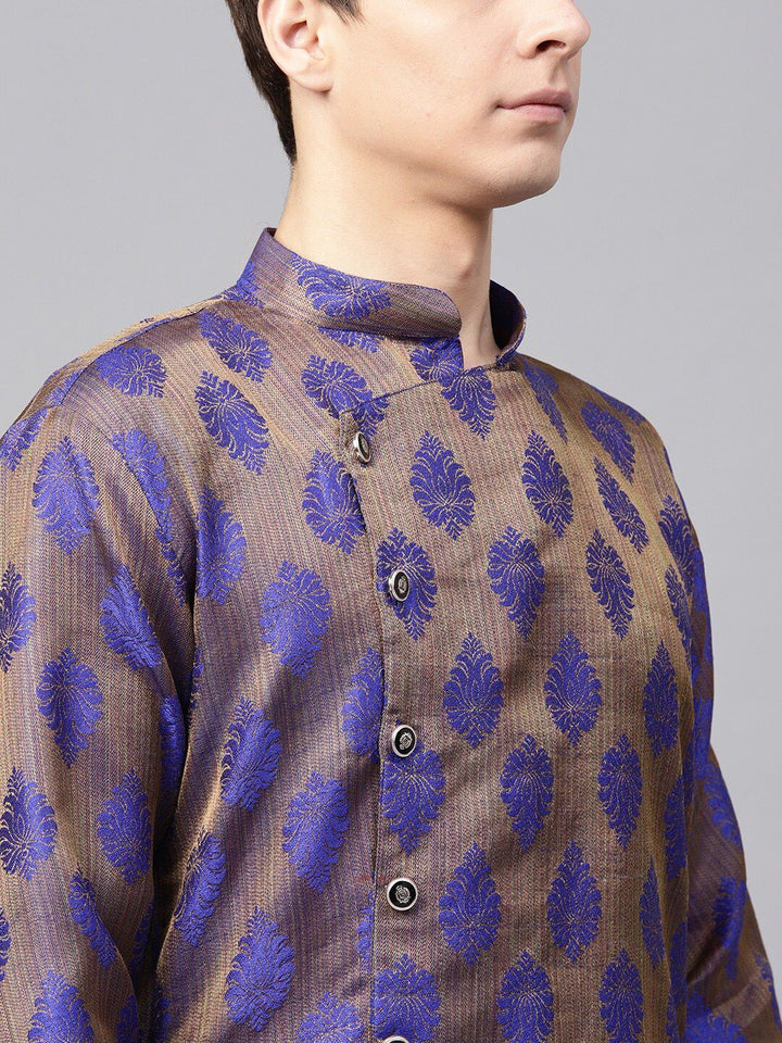 SOJANYA Woven Design Mandarin Collar Silk Cotton Angrakha Kurta
