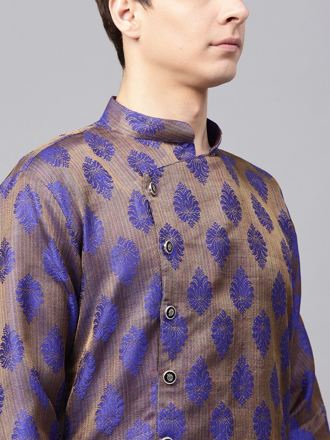 SOJANYA Woven Design Mandarin Collar Silk Cotton Angrakha Kurta